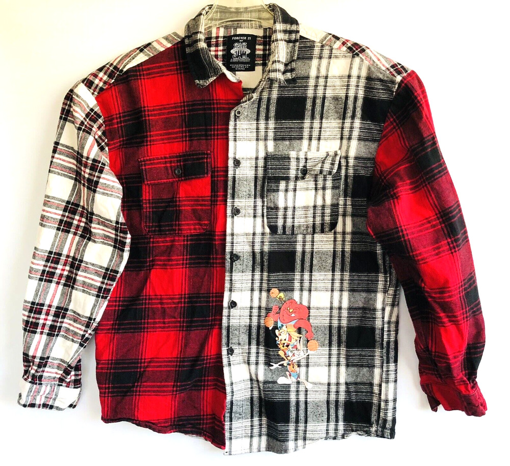 Forever 21 Space Jam Flannel Button Up Shirt Medium Long Sleeve Plaid Mens